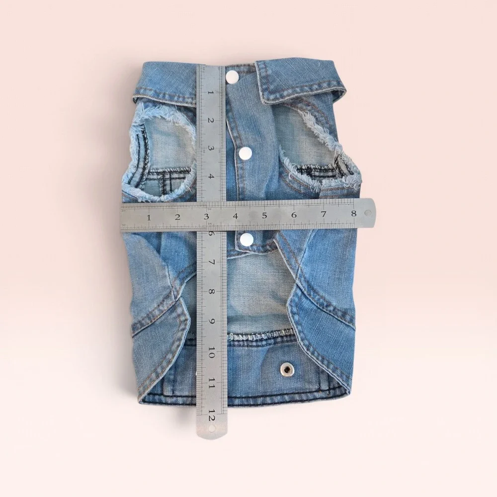Blue Distressed Denim Pet Vest Dog Cat Jacket Medium Wash Snap Button Front